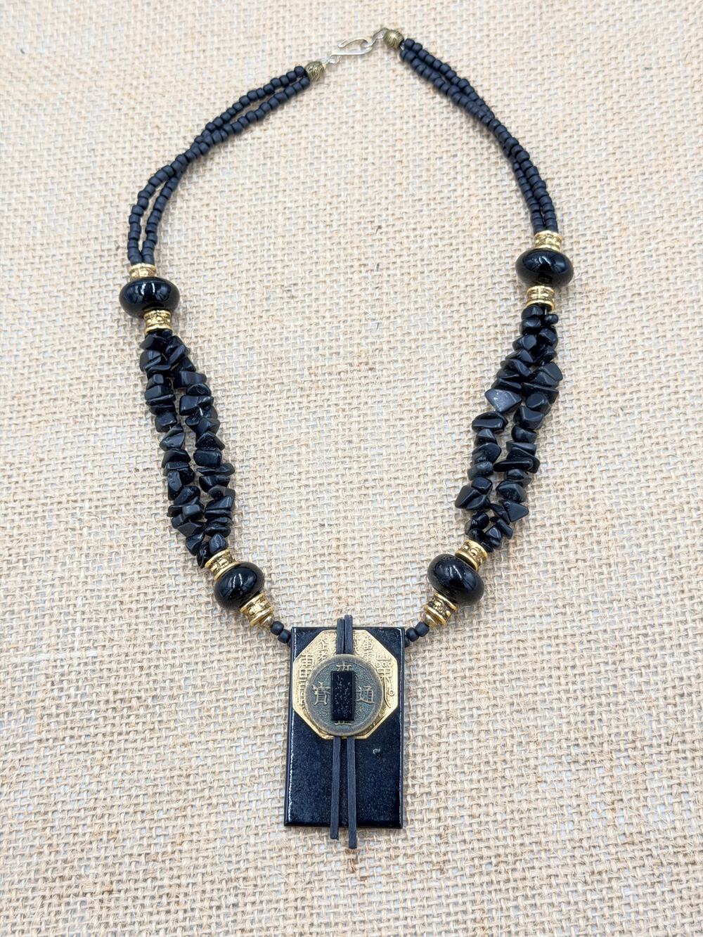 Carol Kent Handmade Artisan Asian Style Black & Gold-Tone Statement Necklace